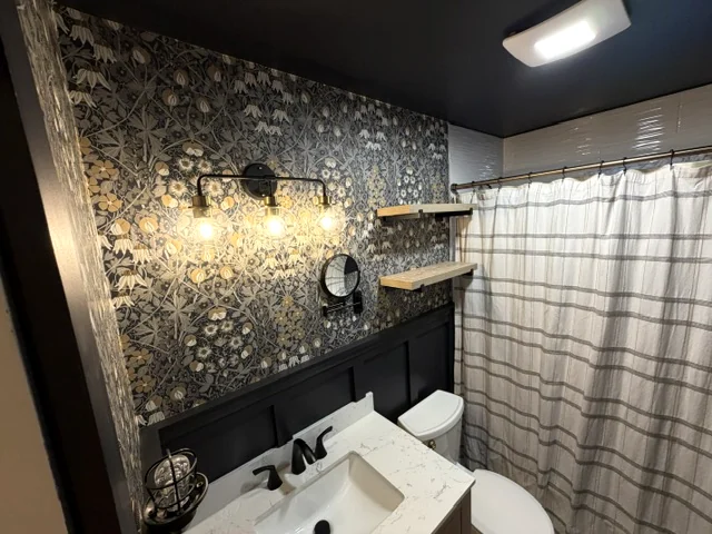 Bathroom feature wall and shelving