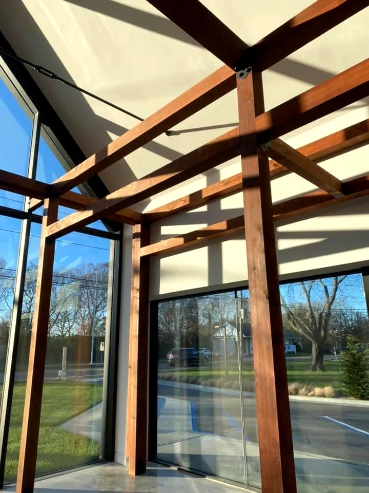 Interior timber framing with large glass walls